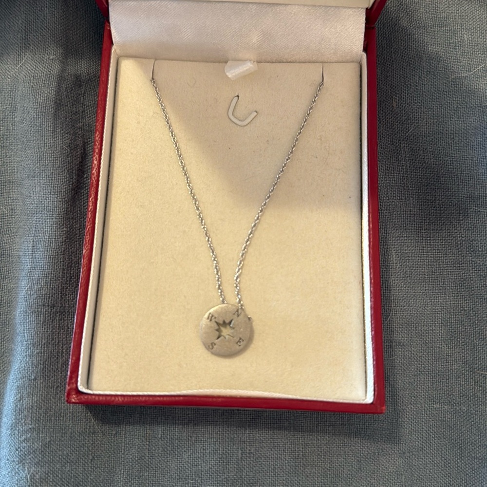 10K white gold compass necklace with 14k chain